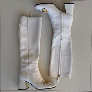 Elegant White Knee-High Boots with Gold Accents